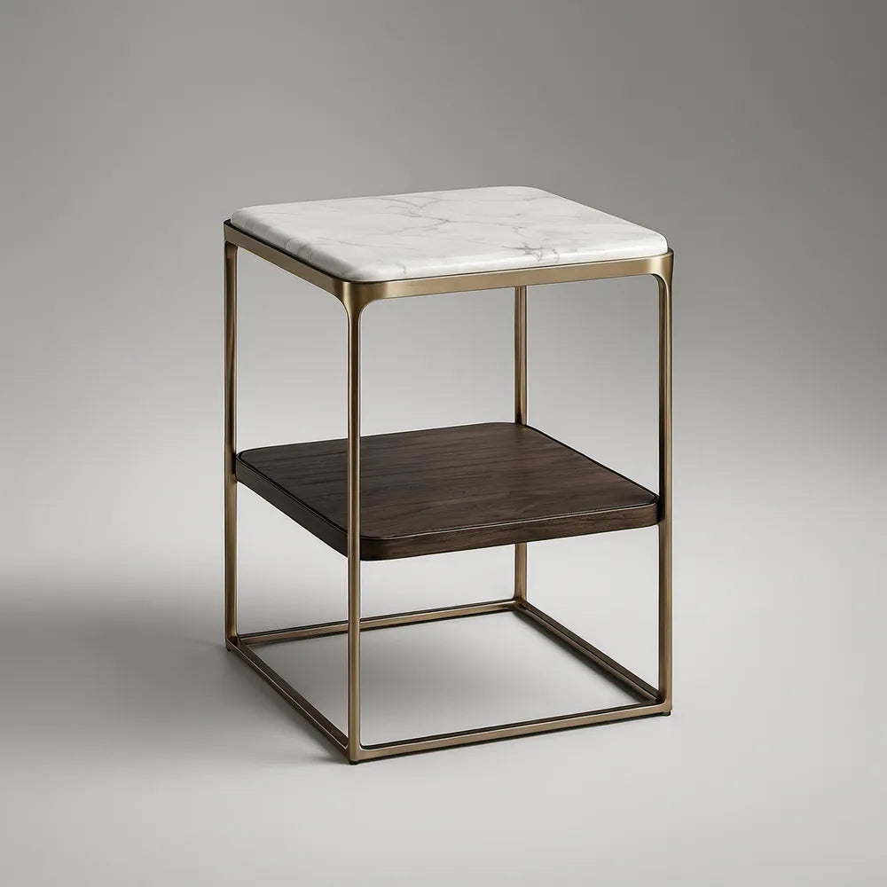 Mesa de Cabeceira Quadrada 45 x 45 x 55 cm com Tampo em Cerâmica Branca, Estrutura Dourada e Prateleira em Nogueira Escura