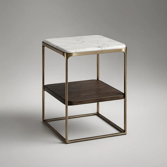 Mesa de Cabeceira Quadrada 45 x 45 x 55 cm com Tampo em Cerâmica Branca, Estrutura Dourada e Prateleira em Nogueira Escura