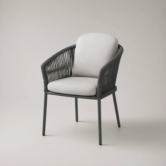 Cadeira de Jardim com Braços em Corda PP Cinzento-Escuro e Almofadas Cinzento-Claro, 58 x 63 x 82 cm