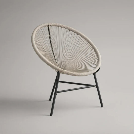 Cadeira de Jardim Redonda em Cordão de PVC Bege com Estrutura em Aço Preto 73 x 85 x 88 cm