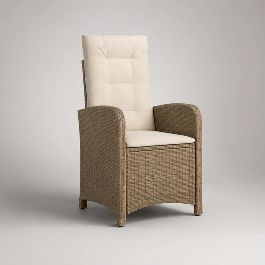 Cadeirão de jardim reclinável em vime PE taupe com almofadas branco-creme, 62 x 70 x 108 cm