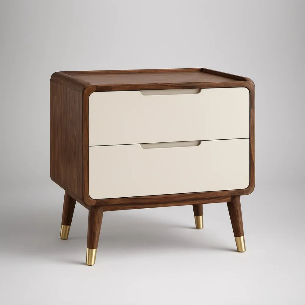 Mesa de Cabeceira com 2 Gavetas em Nogueira, Branco e Dourado 60 x 40 x 60 cm
