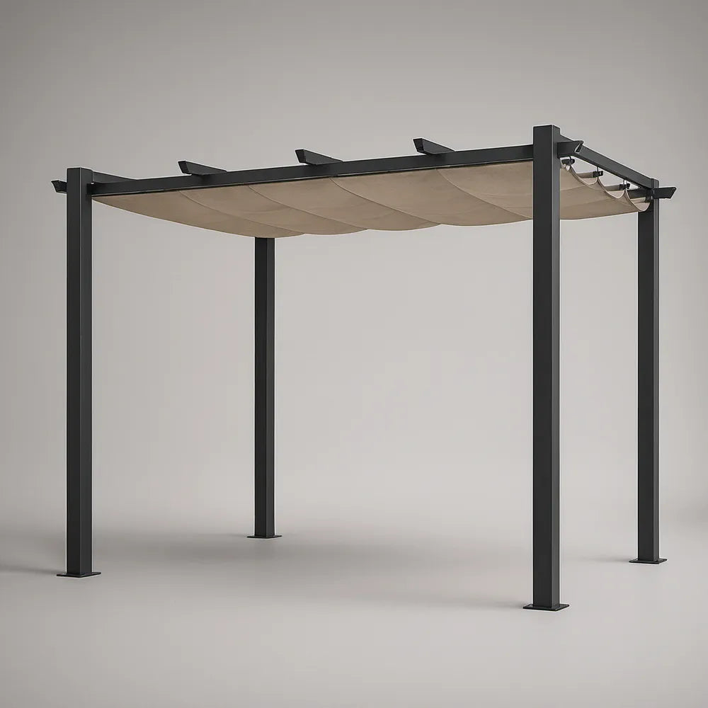 Pérgola de Jardim 300 x 300 x 220 cm em Aço Preto com Cobertura Retrátil em Poliéster Bege
