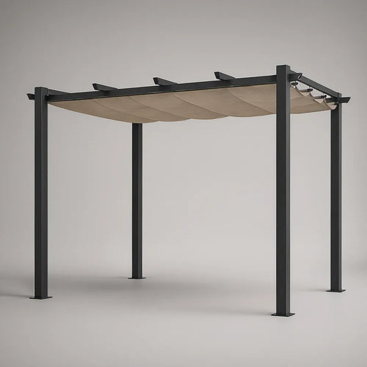 Pérgola de Jardim 300 x 300 x 220 cm em Aço Preto com Cobertura Retrátil em Poliéster Bege