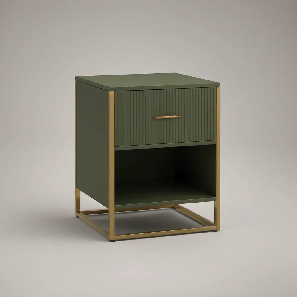 Mesa de Cabeceira Verde-Escuro e Dourado com Gaveta Canelada e Nicho, 45 x 40 x 60 cm