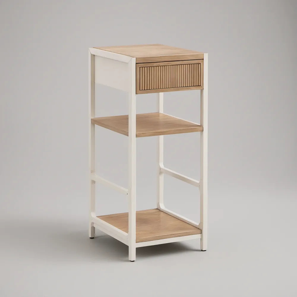 Mesa de cabeceira alta em bambu e MDF Branco/Natural com gaveta, 40 x 30 x 80 cm