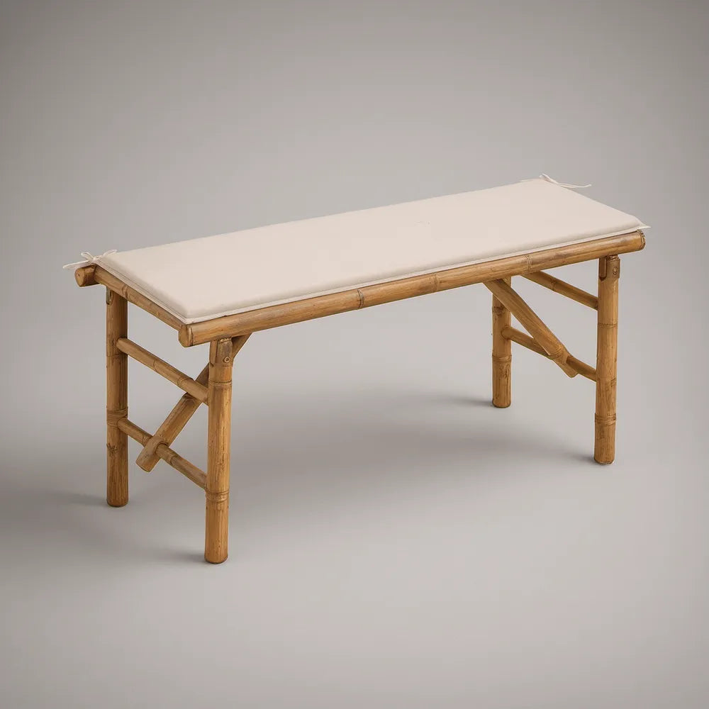 Banco retangular em bambu natural com almofada bege 120 x 40 x 45 cm