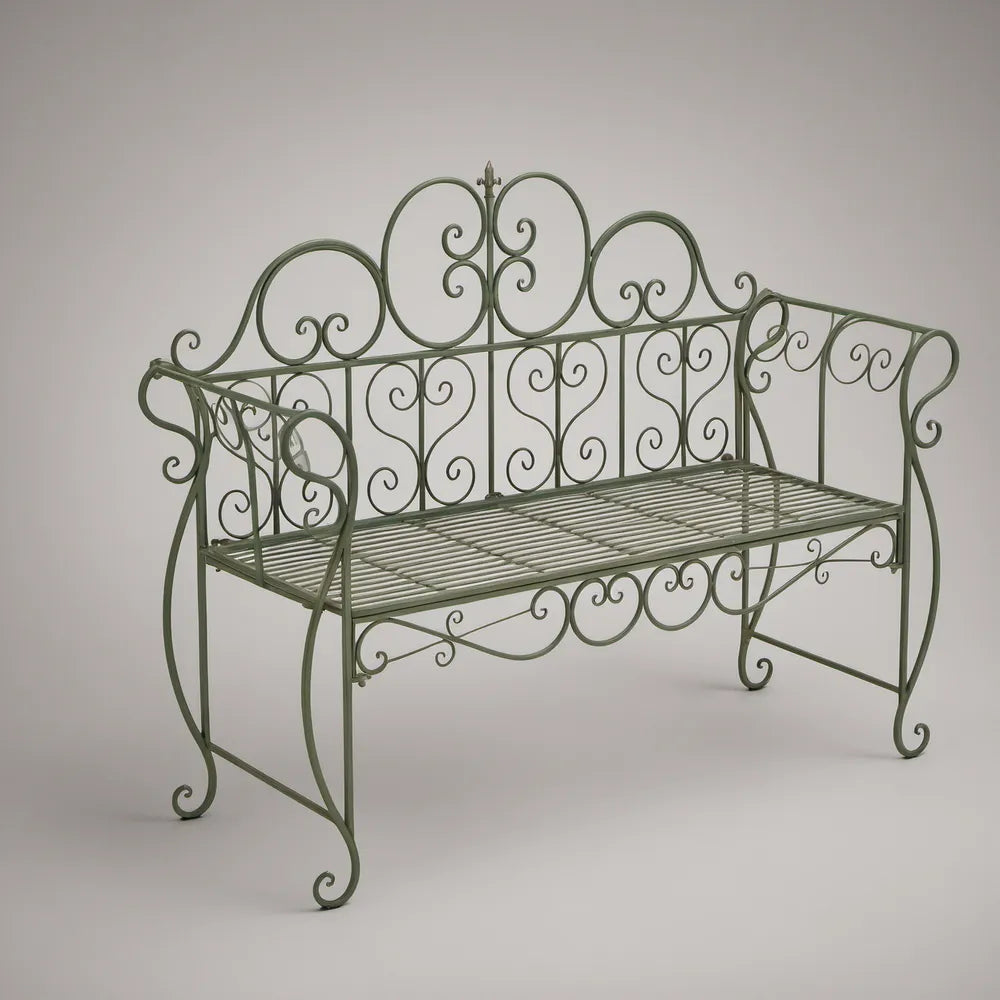 Banco de Jardim em Ferro Verde com Encosto Ornamentado, 130 x 60 x 100 cm
