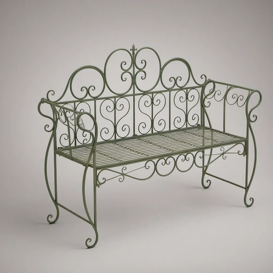 Banco de Jardim em Ferro Verde com Encosto Ornamentado, 130 x 60 x 100 cm