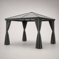 Pérgola quadrada 300 x 300 x 270 cm em alumínio cinzento-antracite com cobertura em policarbonato e cortinas