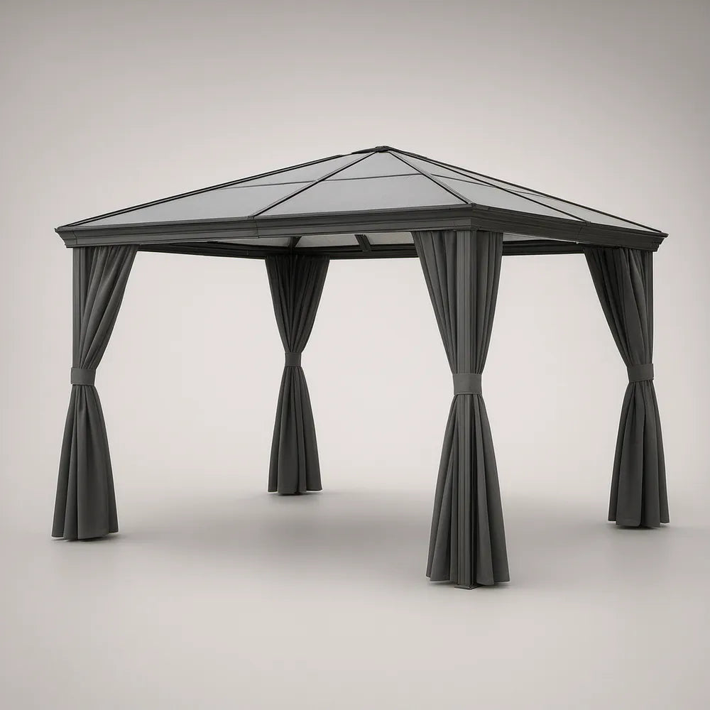 Pérgola quadrada 300 x 300 x 270 cm em alumínio cinzento-antracite com cobertura em policarbonato e cortinas