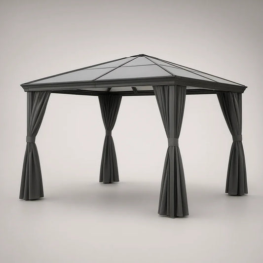 Pérgola quadrada 300 x 300 x 270 cm em alumínio cinzento-antracite com cobertura em policarbonato e cortinas